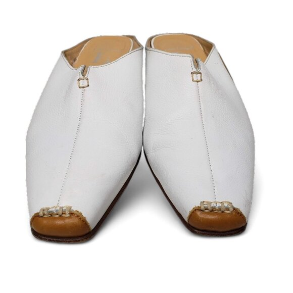 Luca Grossi White Pebble Leather Mules Women’s Italian Pointed Square Front 38 - Picture 3 of 10